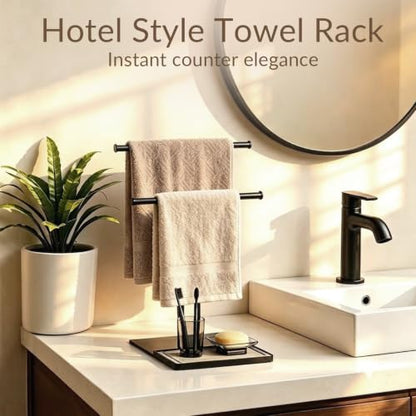 NADAMOO Standing Towel Rack for Bathroom, Adjustable Hand Towel Holder | 13.8"-24" Height, Diatomite Tray, Wide Weighted Base, 2 Bars with 4" Gap for Airflow, Rustproof Black Metal, No Drill