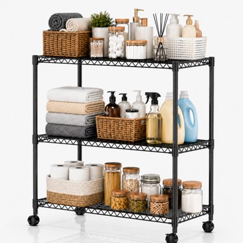 Simple Deluxe 3-Tier Heavy Duty Adjustable Storage Shelf with Wheels, 23.23”W x 13.39”D x 30.31”H, Mobile or Stationary Metal Shelving Unit, Easy Assembly for Kitchen, Pantry, Laundry Room, Black - size: 3-Tier, 23.23”W x 13.39”D x 30.31”H, style: 1 Pack