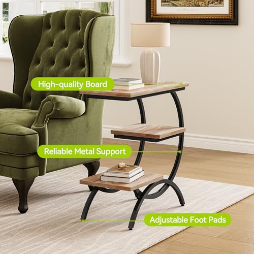 LITTLE TREE End Table, Narrow End Table with 3 Storage Shelves, Industrial C-Shaped Small Sofa Side Table for Living Room, Wood Slim Snack Table with Black Metal Frame, Oak - color: Oak