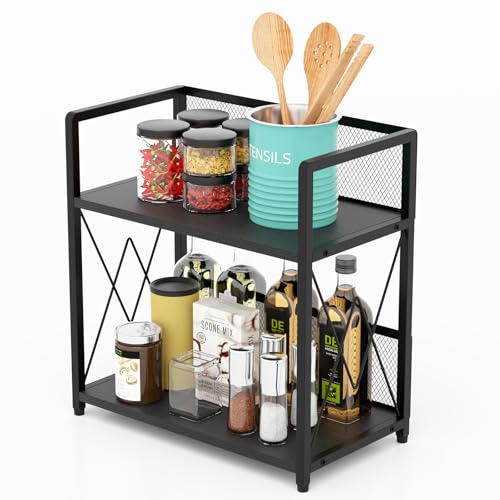 Aduanbang Coffee Bar Accessories Organizer, Seasoning Organizer, 2 Tier Wooden Kitchen Counter Shelf, Coffee Organizer Station for Countertop, Coffee Condiment Rack for Mugs, Cups, Cream, Syrup - color: iron net + Black