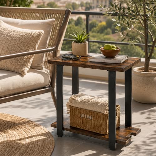 Transitional Narrow End Table, Rustic Brown | 2-Tier, Storage Shelves, Modern Farmhouse Industrial Nightstand, For Living Room, Bedroom, Small Spaces, Couch - color: Rustic Brown