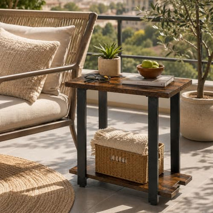 Transitional Narrow End Table, Rustic Brown | 2-Tier, Storage Shelves, Modern Farmhouse Industrial Nightstand, For Living Room, Bedroom, Small Spaces, Couch - color: Rustic Brown