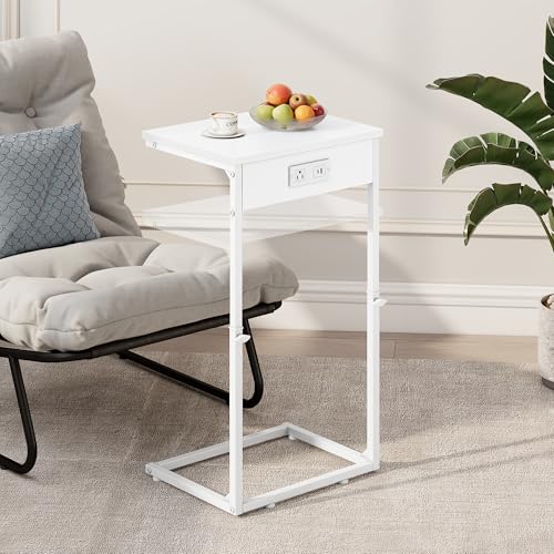 Vagusicc C Shaped End Table with Charging Station, Adjustable Height Side Table for Couch, Small End Table Small Spaces, 33.2'' Tall Couch Tables that Slide Under, Tv Tray Table for Living Room, White - color: White (1 Pack), style: With Plug