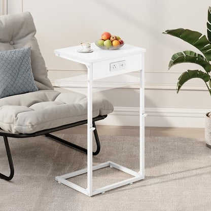 Vagusicc C Shaped End Table with Charging Station, Adjustable Height Side Table for Couch, Small End Table Small Spaces, 33.2'' Tall Couch Tables that Slide Under, Tv Tray Table for Living Room, White - color: White (1 Pack), style: With Plug
