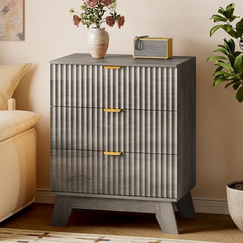 BORNOON Fluted Night Stand with 3 Drawers, Modern Bedside Table Dresser with Gold Handles, End Side Table Storage Cabinet for Bedroom - color: Grey, size: Standard