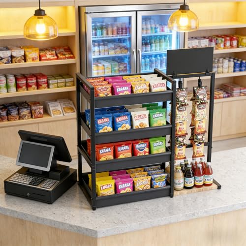 4-Tier Snack Organizer with 20 Clips, Snack Rack with Message Board | Modern Industrial Snack Cart for Kitchen Office Store Party Countertop, Matte Black Metal & Oxford Fabric Snack Storage