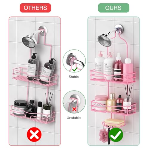 DAOYA Pink 3-Tier Over Head Shower Caddy with Soap Holder & 6 Hooks - Hanging Shower Caddy for Bathroom Organizer - color: Pink