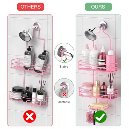 DAOYA Pink 3-Tier Over Head Shower Caddy with Soap Holder & 6 Hooks - Hanging Shower Caddy for Bathroom Organizer - color: Pink