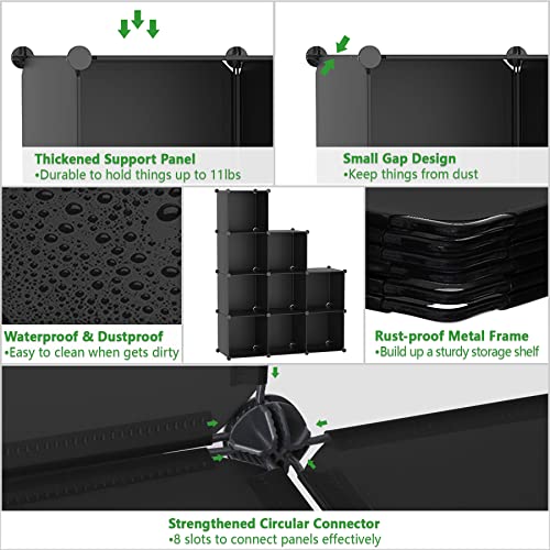 C&AHOME Cube Storage Organizer, 9-Cube Bookcase, Closet Cabinet Black | DIY Stackable Bookshelf, Plastic Modular Shelving Units Ideal for Home, Office, Kids Room, 36.6" L x 12.4" W x 48.4" H - color: Black