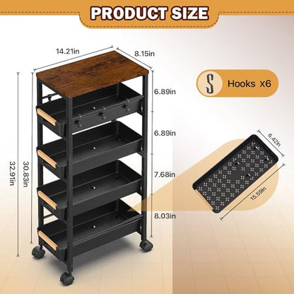 SUNALLY Slim Storage Cart with Pull-Out Baskets, 5-Tier Rolling Kitchen Cart with Wooden Top & Lockable Wheels, Narrow Space Utility Cart Organizer for Kitchen, Bathroom, Laundry Room, Black - color: Black
