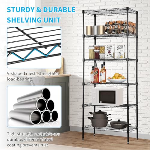 BLKMTY Tall Shelves, 6 Tier Wire Shelving, Narrow Storage Metal Shelf, Standing Shelf Units, Adjustable Garage Shelving, 13.2" D x 23.4" W x 59" H, 900lbs Capacity, Commercial Shelves, Black - color: Black, size: 6 Tire: 13.2" D x 23.4" W x 59" H