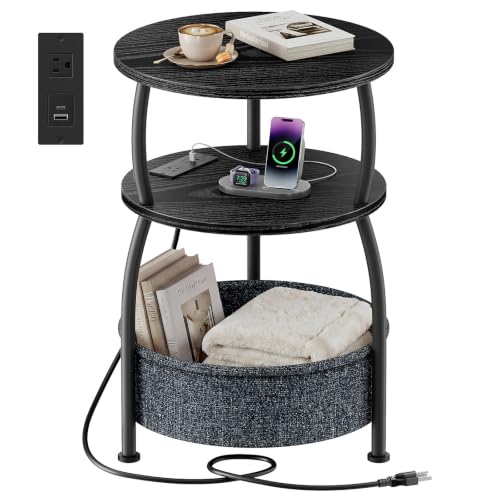 Round Side Table with Charging Station, USB Type C Port, Black | Round End Table with Basket for Living Room, Space Saving, Tall Night Stand for Bedroom Dorm,15.75in Metal and Wood, Rustic - color: Classic Black, size: 15.75" Dia with Power Strip