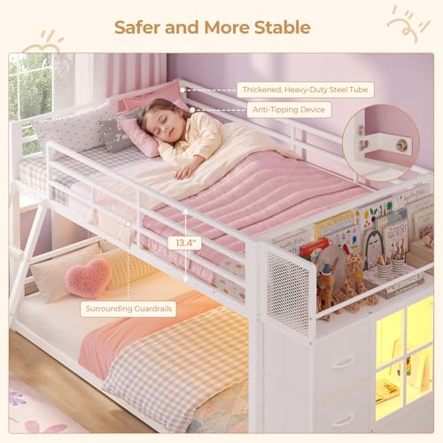 BTHFST Low Bunk Bed Twin Over Twin with 7 Large Fabric Drawers & Bookshelf, Metal Bunk Bed with RGB LED Lights & Slanted Ladder & Safety Guardrail, Kids Low Loft Bed Twin for Small Space, White - color: White