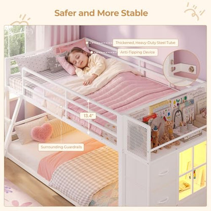 BTHFST Low Bunk Bed Twin Over Twin with 7 Large Fabric Drawers & Bookshelf, Metal Bunk Bed with RGB LED Lights & Slanted Ladder & Safety Guardrail, Kids Low Loft Bed Twin for Small Space, White - color: White