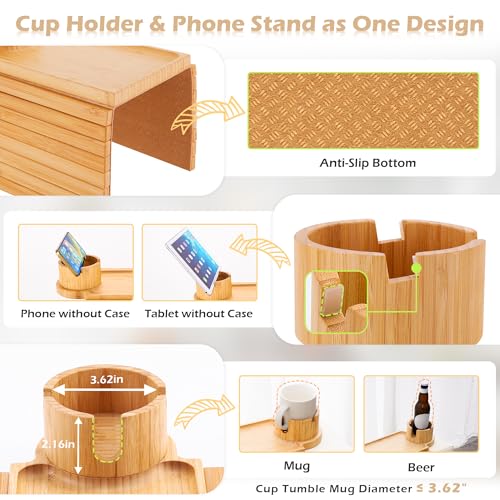 GHKINMAL Couch Cup Holder Tray, 3 in 1 Couch Arm Trays,Large Bamboo Chair Arm Rest Tray with 360° Cup Holder,Removable Anti-Slip Organizer for Snack Eating - color: Bamboo