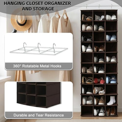 Hanging Shoe Closet Organizer, 30 Sections Hanging Closet Organizers and Storage Shelves, Space Saving Shoe Rack Holder Hanger, Coffee - color: Coffee