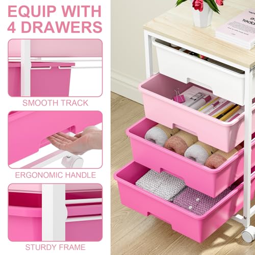 SYKIARIOL Rolling Cart with Drawers, 4-Drawer Utility Cart, Pink | 4 Tier Drawer Cart with Wooden Top for Home Office, Kid Room, Classroom Teacher, Dorm, - color: Dark Pink