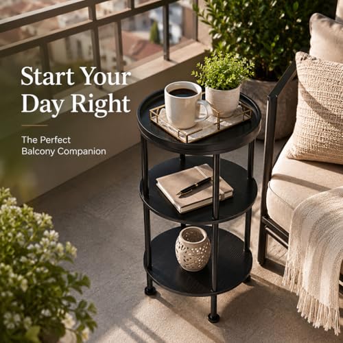 Small Round Side Table with Tray Top, 11.8" Narrow End Table, Black | 3-Tier Small Round End Table for Living Room & Bedroom, Modern Nightstand with Storage Shelf, Accent Table for Small Spaces - color: Black, style: Classic