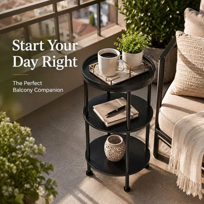 Small Round Side Table with Tray Top, 11.8" Narrow End Table, Black | 3-Tier Small Round End Table for Living Room & Bedroom, Modern Nightstand with Storage Shelf, Accent Table for Small Spaces - color: Black, style: Classic