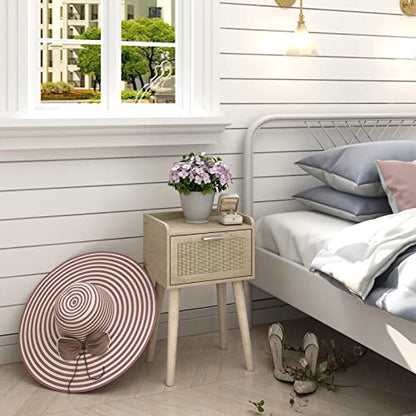 LAATOOREE Nightstand Set of 2, Small Bedside Table, End Table with Rattan Door, Boho Side Table with Solid Wood Legs for Bedroom Living Room Small Space - color: Natural, style: Boho Style