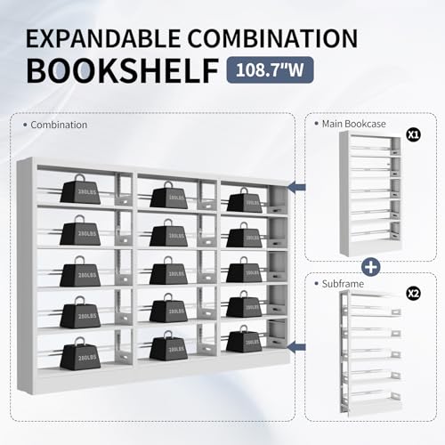 70.9" H Metal Bookshelf, Adjustable Bookcase, 5-Tier Heavy Duty Bookshelf with Bookend, Tall Bookshelves, Bookcase Shelf for Living Room, Office, Library,Classroom (White-108.3W) - color: White, size: 108.3" Wide