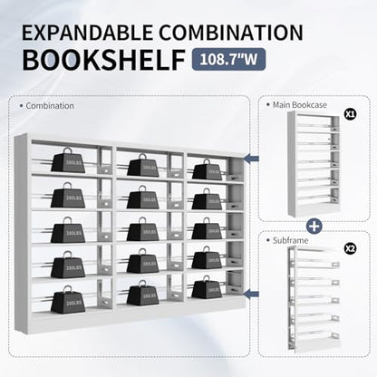 70.9" H Metal Bookshelf, Adjustable Bookcase, 5-Tier Heavy Duty Bookshelf with Bookend, Tall Bookshelves, Bookcase Shelf for Living Room, Office, Library,Classroom (White-108.3W) - color: White, size: 108.3" Wide