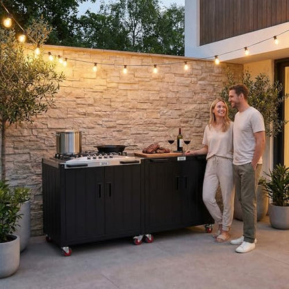 Feasto Outdoor Kitchen Island with Propane Gas Stove and Storage Cabinet, 35-Inch Outdoor Cooking Station with 304 Stainless Steel Top & Lockable Wheels for Backyard Patio, Black & Silver - size: Outdoor Gas Stove