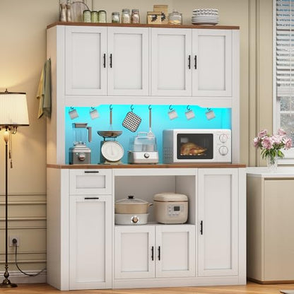 Itaar 71" Pantry Cabinet with Charging Station and LED Light, Kitchen Pantry Cabinet with Microwave Stand, 47.2" Wide Kitchen Storage Cabinets with Storage Cart 3 Tier for Dining Room, White - color: White