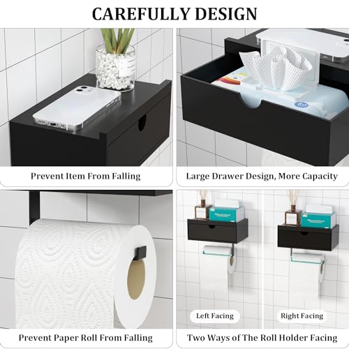 Domax Black Toilet Paper Holder with Shelf,Wall Mount/Adhesive Bathroom Toilet Paper Holder,Bamboo Wood Tissue Toilet Roll Holder with Storage Drawer for Organizer Wipes,Fits Any Room, Large - color: Black