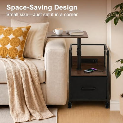 Small Bedside Table with Charging Station, Rolling Side Table with Wheels, Small Nightstand with Drawer Storage for Bedroom - Walnut Look - color: Walnut