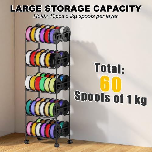 3D Printer Filament Storage Rack with Wheels, 5-Tier Rolling Spool Holder Stand Cart, Holds up to 60x1kg Spools, Heavy Duty Metal Filaments Organizer Shelf for Printing Studio Office Workshop