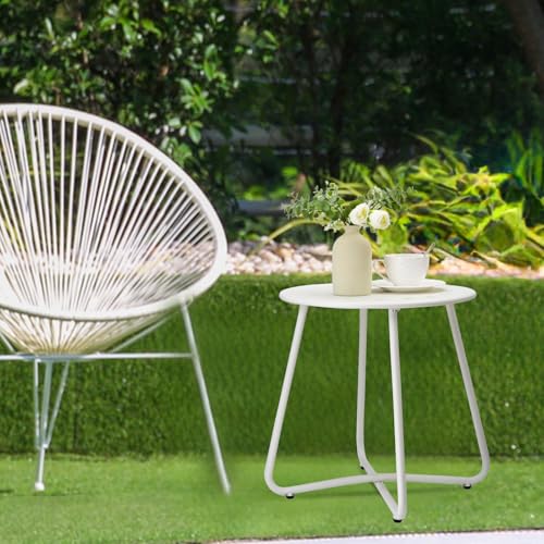 danpinera Outdoor Side Tables with Flower Cut Outs, Weather Resistant Steel Patio Side Table, Small Round Outdoor End Table Metal Side Table for Patio Yard Balcony Garden White - color: White