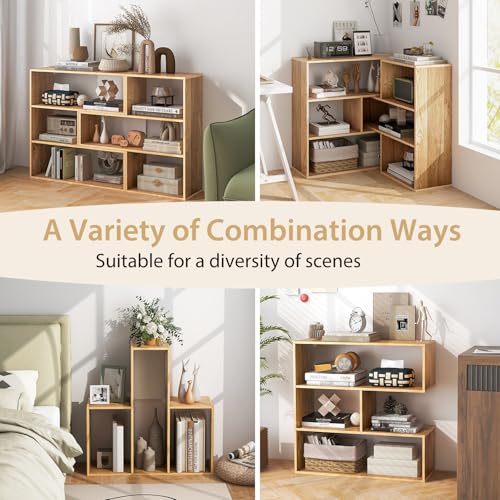 Tangkula 3 Cubes Bookcase, Irregular Open Bookcase, Freestanding Bookshelf Combination, Anti-Tipping Device, Home Display Storage Shelf for Living Room Study (Natural, 3-Cube, Convex)
