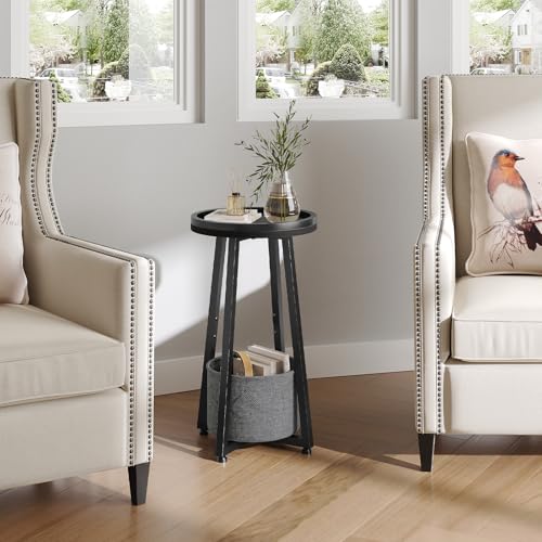 HOOBRO Small Round Side Table, 2-Tier Round Sofa End Table, Compact Nightstand with Fabric Storage Basket, for Small Space, Living Room, Bedroom, Dorm, Black and Gray BB183BZ01 - color: Black
