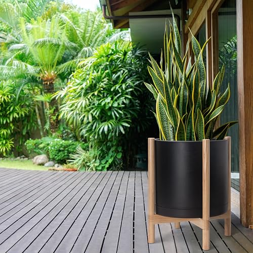 D'vine Dev Plastic Pot with Natural Wood Stand, Black, 16 in, 55-C-Y-2 | Mid-Century Inspired Design, Elevated Plant Display, Clean Lines, Sturdy Support, Modern Space-Saving Style - color: Matte Black Pot + Natural Stand, size: 16 Inch