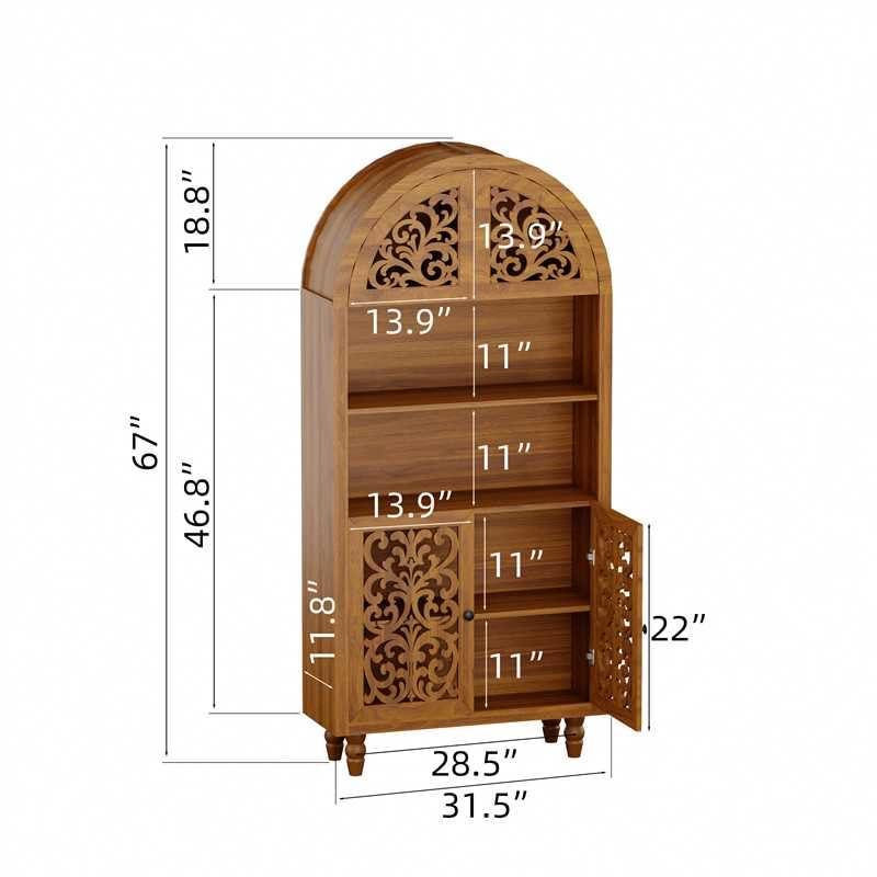 66.9" Tall Arched Display Cabinet with Hand-Carved Door and Shelves, 5-Tier Bookshelf Modern Farmhouse Arched Bookcase, Wooden Open Floor Arched Book Shelf for Living Room, Office, Walnut Finish - color: Walnut 66.9"