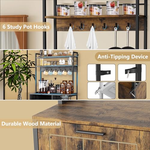 Kitchen Bakers Rack with Storage Shelf - 6-Tier Microwave Stand Oven Cabinet W/Tilting Trash Can Bin and Power Outlet, Farmhouse Thickened Coffee Bar Table Station W/6 Hooks&Adjustable feet - color: Brown
