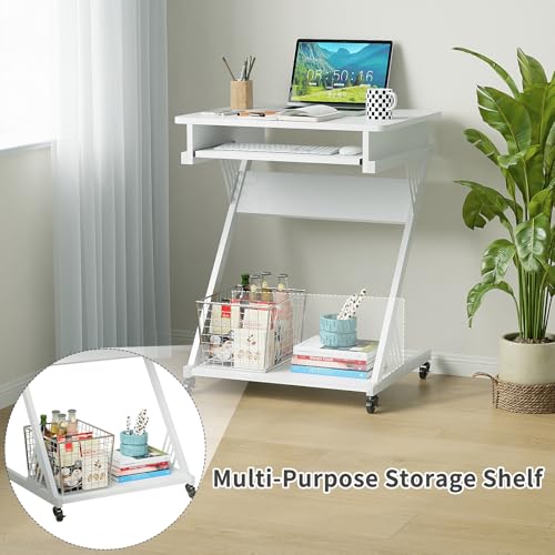 ALISENED 2 Tier Computer Desk with Keyboard Tray, 23.6" Home Office Desk Computer Workstation Rolling Study PC Laptop Table for Small Spaces,Z-Shaped Small Compact Study Table,White - color: White