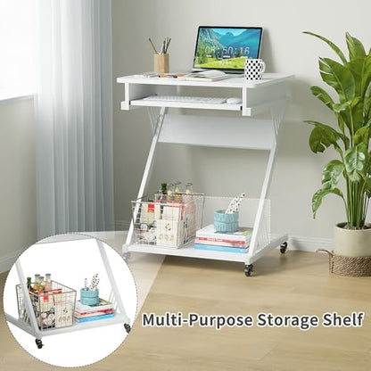 ALISENED 2 Tier Computer Desk with Keyboard Tray, 23.6" Home Office Desk Computer Workstation Rolling Study PC Laptop Table for Small Spaces,Z-Shaped Small Compact Study Table,White - color: White