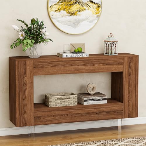 47" Console Table with Hidden Storage, Adjustable Shelves, Brown Wood Grain | Farmhouse sofa table for behind couch, living room, or hallway, entryway table with concealed cabinets & adjustable shelves - color: L-brown