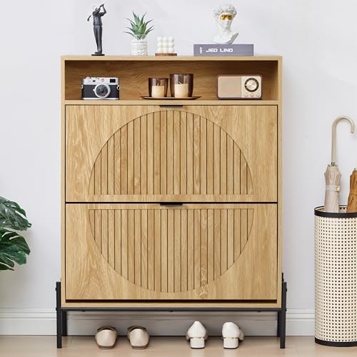 FurSch Fluted Shoe Cabinet with 2 Flip Drawers, Slim Freestanding Hidden Shoe Cabinet Organizer, Narrow Shoes Storage Rack for Entryway (All Natural-2 Drawers, 9.45" D x 31.5" W x 41.93" H) - color: All Natural-metal Legs, size: 2 Drawers