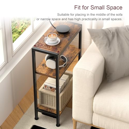 Narrow Side Table for Small Space, 3 Tier Slim End Table, Thin Nightstand, Skinny Snack Couch Table, Sofa Bedside Table in Living Room, Bedroom, Study, Kitchen and Balcony (Rustic Brown) - color: Rustic Brown, size: 3-Tier (7.9''D*17''W*26.6''H)