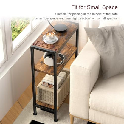 Narrow Side Table for Small Space, 3 Tier Slim End Table, Thin Nightstand, Skinny Snack Couch Table, Sofa Bedside Table in Living Room, Bedroom, Study, Kitchen and Balcony (Rustic Brown) - color: Rustic Brown, size: 3-Tier (7.9''D*17''W*26.6''H)