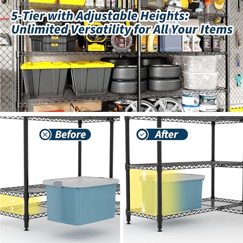 Garvee Storage Shelves 70" H Wire Shelving Rack, 5-Tier Garage Shelving Heavy Duty Metal Storage Shelves for Kitchen Pantry Room, Load 1325 LBS, Adjustable Wire Rack Shelf for Garage Basement