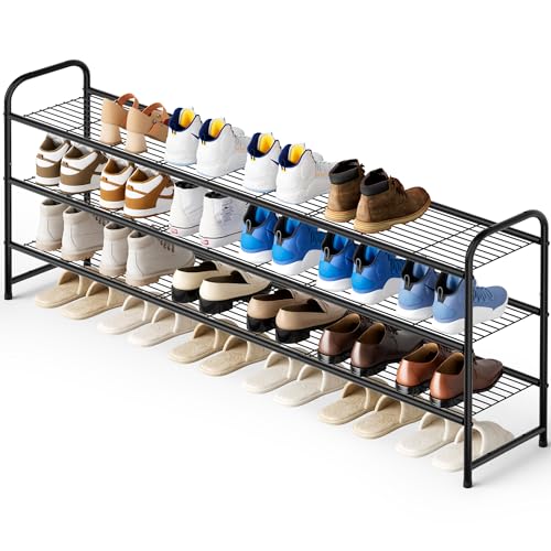 KEETDY 3-Tier Long Shoe Rack for Closet Metal Shoe Organizer for Entryway, Wide Stackable Shoe Storage Shelf with Sturdy Wire Grid for Closet Floor, Bedroom, Black - color: Black, size: 11.4x43x24.4