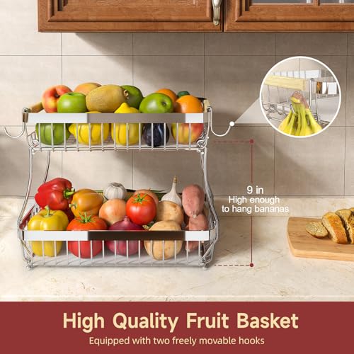 Sevenblue 2-Tier Fruit Basket with Banana Hangers, Detachable Metal Bowl | Wooden handle, protective mats included. Versatile holder for bread, snacks, and veggies. Extra Large 2 tier metal design. - color: Silver, size: 2 Tier Extra Large