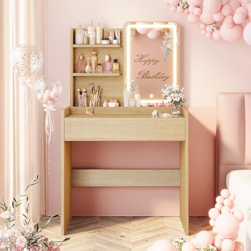 Memobarco Small Vanity Desk with Mirror and Lights, Makeup Vanity with Drawer & Storage Shelves, Vanity Desk with 3 Lighting Modes & Adjustable Brightness, Dressing Table for Women Girls Bedroom, Wood - color: Wood