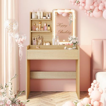 Memobarco Small Vanity Desk with Mirror and Lights, Makeup Vanity with Drawer & Storage Shelves, Vanity Desk with 3 Lighting Modes & Adjustable Brightness, Dressing Table for Women Girls Bedroom, Wood - color: Wood