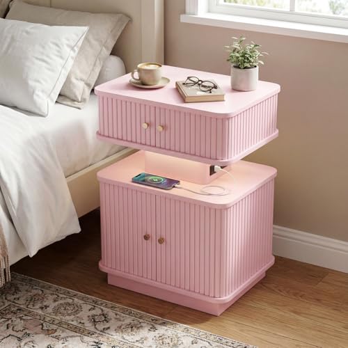 Nightstand with Charging Station, Modern Night Stand with Smart Led Light and 2 Small Sliding Door Cabinets, Curvy Edge, Bedside Table for Bedroom, Pink - color: Pink
