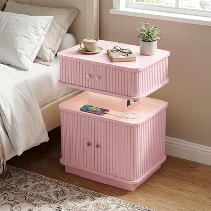 Nightstand with Charging Station, Modern Night Stand with Smart Led Light and 2 Small Sliding Door Cabinets, Curvy Edge, Bedside Table for Bedroom, Pink - color: Pink